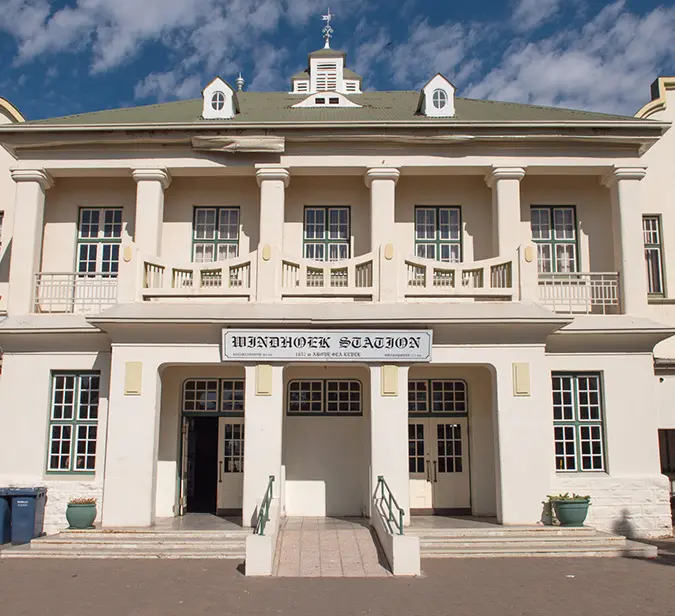 Windhoek Station facade, blending colonial charm with the spirit of modern Namibia.
