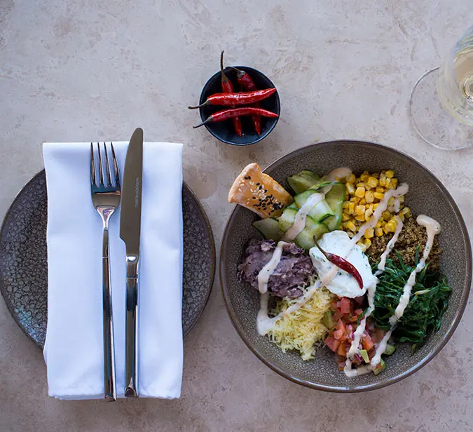 Colorful gourmet lunch bowl at Old Traders Lodge, Erindi Private Game Reserve, Namibia.