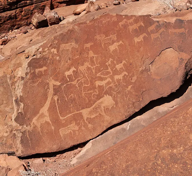 Ancient rock engravings of animals at Twyfelfontein, Namibia, a UNESCO World Heritage Site.