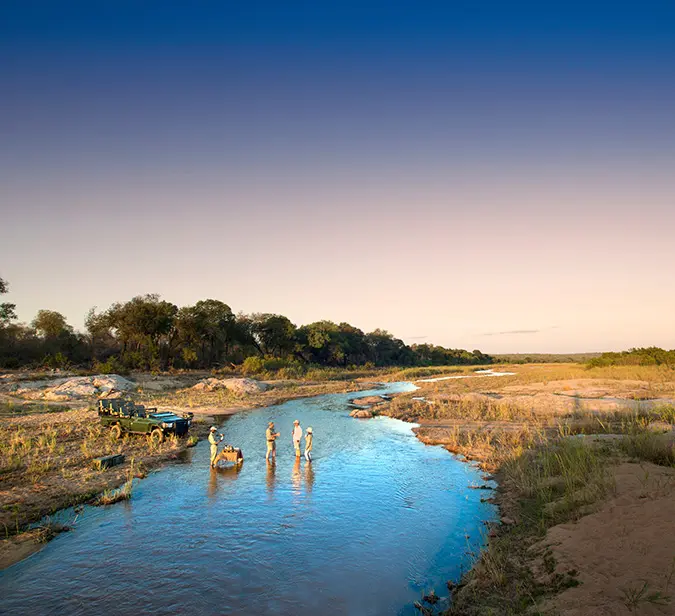 Safari guests enjoy a guided bush walk along a river in Sabi Sand Game Reserve.