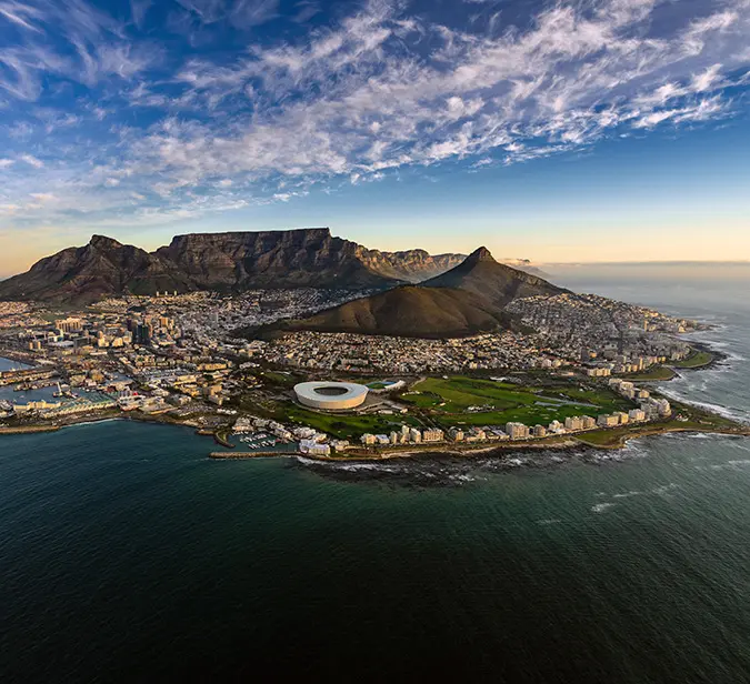 Bird’s-eye view of Table Mountain and Cape Town’s coastline.