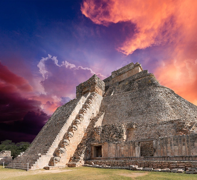 Majestic Mayan temple ruins at sunset in Copán, Honduras.