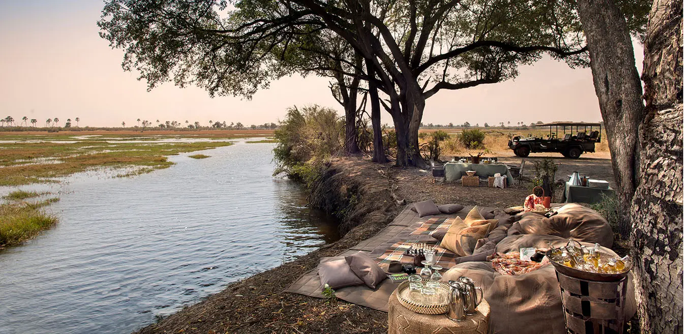 Scenic safari picnic spot by the water in the African wilderness with cushions and refreshments.